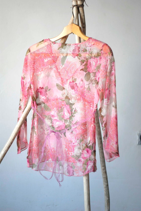 Vintage  Silk  Floral Print Pink Top, Rose Women … - image 3