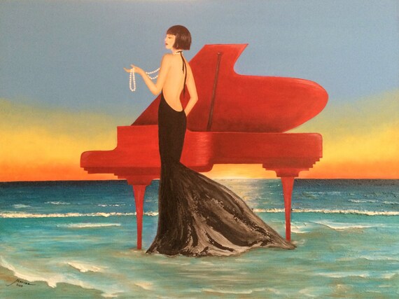 SURREAL OCEAN WAVES AT DUSK /& RED MOONLIGHT PAINTING SEA ART REAL CANVAS PRINT