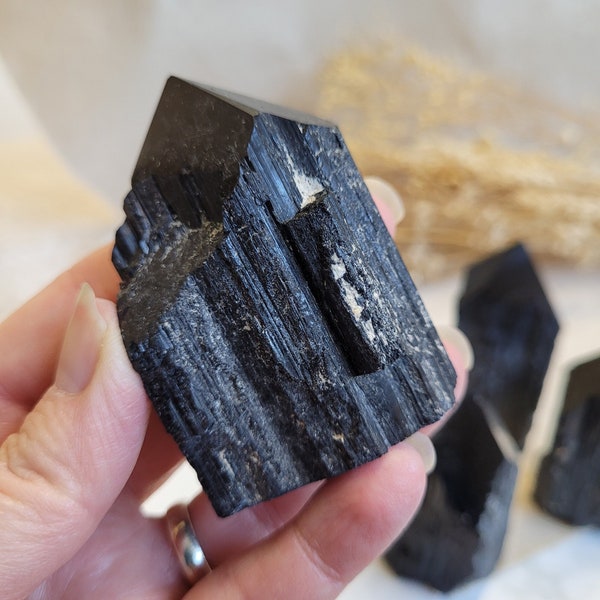 Black Tourmaline Crystal Point Ethically Sourced, Part Polished Point