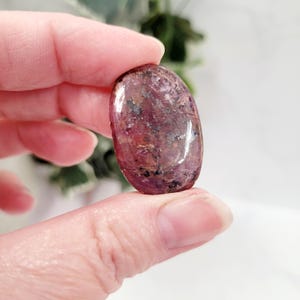 Puede incluir: Una gema pulida, de forma ovalada, con un color rojo intenso y p&uacute;rpura, salpicada de inclusiones m&aacute;s oscuras. La piedra tiene una superficie brillante y reflectante. La gema se sostiene entre los dedos.