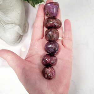 Puede incluir: Una mano sostiene una fila vertical de seis piedras pulidas y rodadas. Las piedras son de un color burdeos intenso con &aacute;reas marrones y verde oscuro. Las piedras tienen una forma lisa y redondeada y se muestran sobre un fondo blanco.