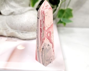 Rhodochrosite Obelisk • Pink & Cream Banded Stone Tower