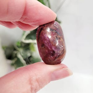 Puede incluir: Una gema pulida de forma ovalada, de un tono burdeos intenso, con vetas marrones y tonos rojos m&aacute;s claros. La piedra se sostiene entre dos dedos, mostrando su superficie lisa y reflectante. La gema parece ser un mineral natural.