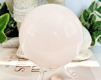 Mangano Calcite Sphere with Stand • Pale Pink Banded Polished Stone