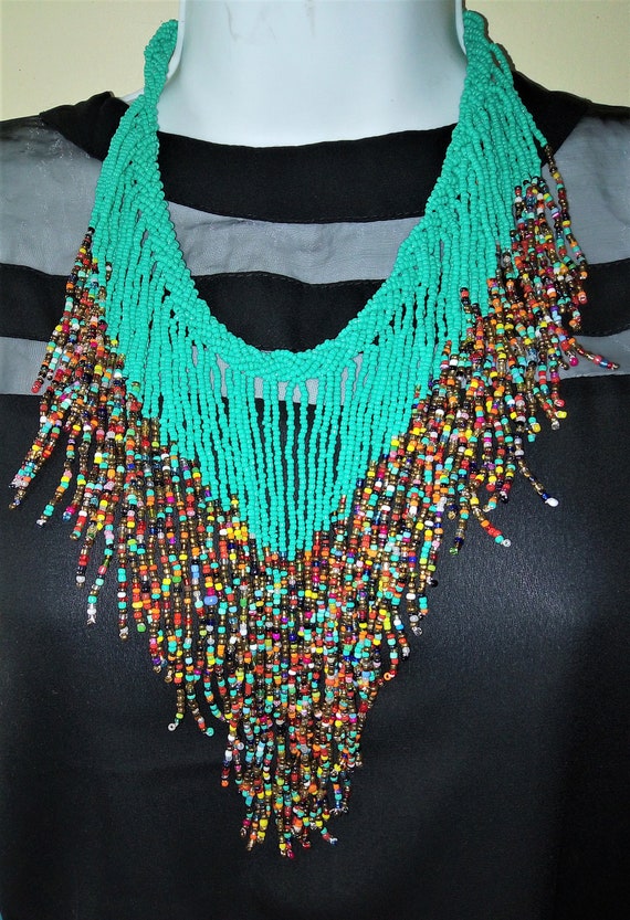 Handmade Maasai Beaded Green Fashion Necklace With Mixed Color