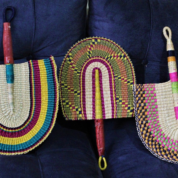 Bolga Fans/ African Handmade Fans/ Rattan Fans/ Straw Woven Hand Fans I(Leather Handles)