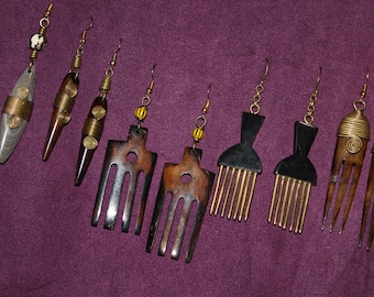 5 (Five) Pairs of African Maasai Brown Bone&Horn with Brass Earrings