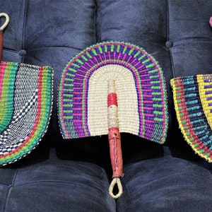 Bolga Fans/ African Handmade Fans/ Rattan Fans/ Straw Woven Hand Fans I(Leather Handles)