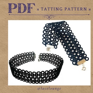 May include: Two black crocheted choker necklaces with silver clasps. The necklaces are made with a delicate, intricate pattern. The image includes the text "PDF * TATTING PATTERN *" and "@lacelounge".