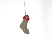 Christmas ornament - christmas tree ornament,  Linen Mini burlap stocking, christmas stocking, rustic ornament, small stocking, red bow