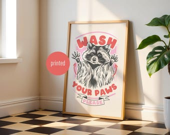 Ilustración de "Lávate las patas": póster de mapache, "Lávate las patas", arte de pared para baño infantil, póster retro vintage