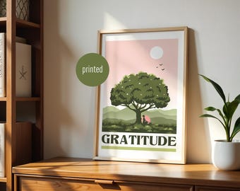 Ilustración "Gratitud": Póster zen de naturaleza A4, arte mural de meditación y atención plena.