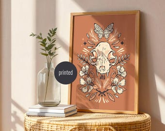 Ilustración de gato salvaje: póster de calavera de gato y mariposa, arte mural digital retro occidental, ilustración botánica vintage