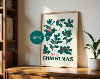 Póster "Feliz Navidad": acogedor póster navideño, ilustración botánica festiva, decoración de pared invernal