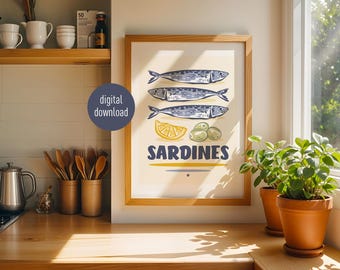 Póster de sardinas en aceite, arte náutico vintage para pared, decoración imprimible para cocina y mar, póster de gastronomía mediterránea