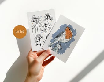 Postales ilustradas dúo – Aves y flores – Juego de 2 tarjetas de naturaleza – Postal de arte botánico