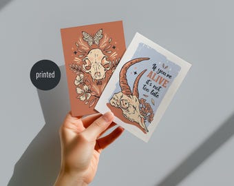 Dúo de postales ilustradas Calaveras Mágicas – juego de 2 tarjetas de naturaleza e inspiración – postal de arte salvaje