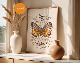 Ilustración "Vive y deja crecer" - Póster A4, cita inspiradora, mariposa bohemia otoñal