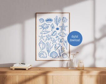 Póster de concha azul, arte mural vintage de concha, decoración imprimible de océano y naturaleza, arte digital imprimible, disponible en 3 colores