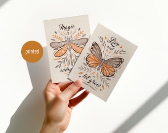 Dúo de postales ilustradas Insectos Otoño – Mariposa y Libélula – juego de 2 tarjetas de naturaleza – postal artística acogedora