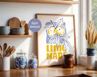 Póster de limonada, arte mural retro de limón, limonada vintage imprimible, decoración de cocina, bebida de verano, descarga instantánea
