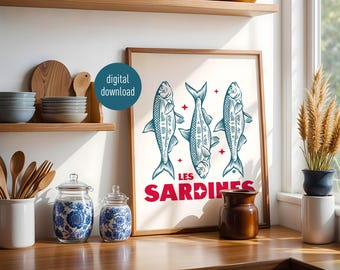 Póster vintage de sardinas, arte náutico retro para pared, decoración imprimible de mar y cocina.