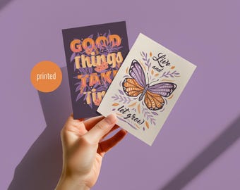 Dúo de postales ilustradas de otoño mágico – Juego de 2 tarjetas de naturaleza e inspiración – Postales artísticas acogedoras