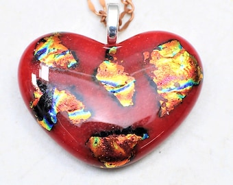 Red Fused Dichroic Glass Heart Valentine Pendant,  Great Valentine's Day gift!