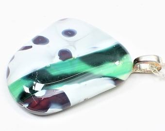 Colorful Maroon. Green, and White Fused Glass Pendant