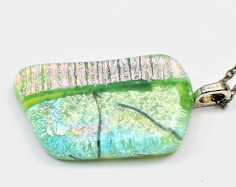 Colorful Dichroic Fused Glass Pendant, Emerald Green Pendant