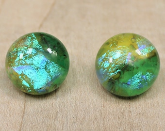 Fused Dichroic Glass Earrings, Shimmering Green and Yellow