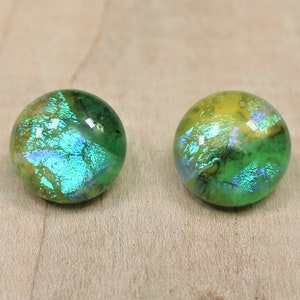 Fused Dichroic Glass Earrings, Shimmering Green and Yellow