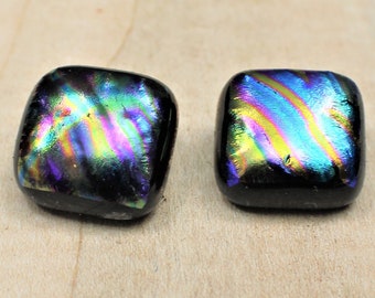 Fused Dichroic Glass Earrings, Shimmering Metallic Rainbow Colors