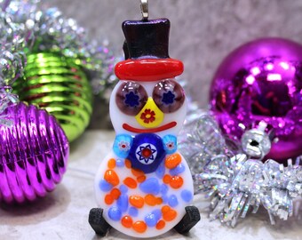 フューズドガラスの雪だるまクリスマスツリーオーナメント（Zany Zak