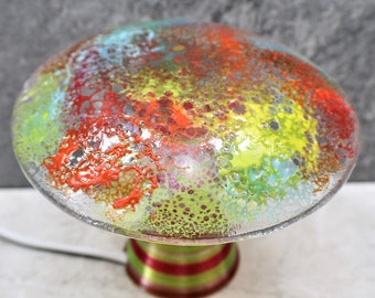 Fused Glass Mushroom Night Light. Colorful Yellow, Green, Blue, and Red Home Decor