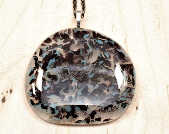 Fused Glass Pendant, Reactive Clear Ice Glass, Teal Green and Maroon