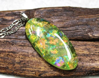 Colorful Dichroic Fused Glass Pendant, Shimmering green and gold colors