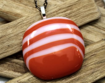 Red and White Striped Glass Pendant, Festive Fused Glass Necklace