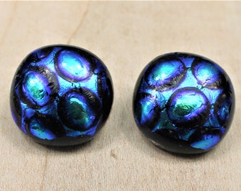 Fused Dichroic Glass Earrings, Shimmering Metallic Raindrop Blue Earrings