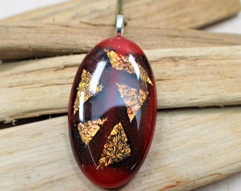Colorful Dichroic Fused Glass Cast Pendant, Orange and Gold Colors