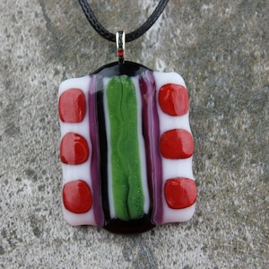 Red, green and purple Fused Glass Pendant.
