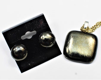 Iridescent Bronze Fused Glass Pendant and Earrings