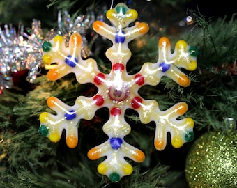 Fused Glass Christmas Tree Ornament, Rainbow Colored Snowflake