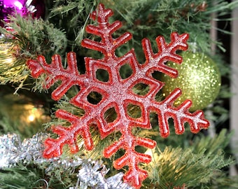 Fused Glass Christmas Tree Ornament, Pate De Verre Translucent Red Snowflake