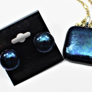 Iridescent Blue Fused Glass Pendant and Earrings