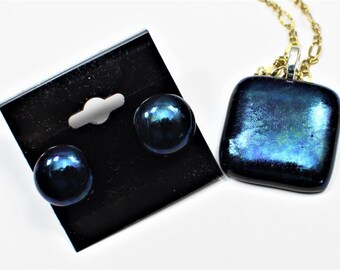 Iridescent Blue Fused Glass Pendant and Earrings
