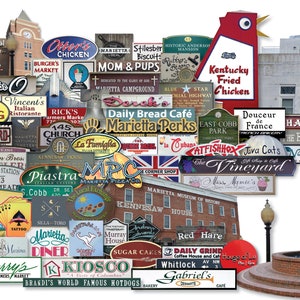 May include: A collage of colorful signs and logos representing various businesses in Marietta, Georgia. The signs feature a mix of fonts, colors, and graphics, showcasing the town's diverse commercial landscape. Some of the businesses include a pizza company, a bakery, a restaurant, a church, and a campground.