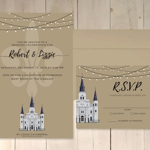 New Orleans Theme Wedding RSVP Invitation Save the Date St Louis Cathedral Custom