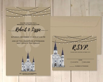 New Orleans Theme Wedding RSVP Invitation Save the Date St Louis Cathedral Custom