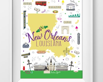 New Orleans Louisiana City State Digital Illustration Jackson Square Cafe du Monde Mardi Gras Art Print